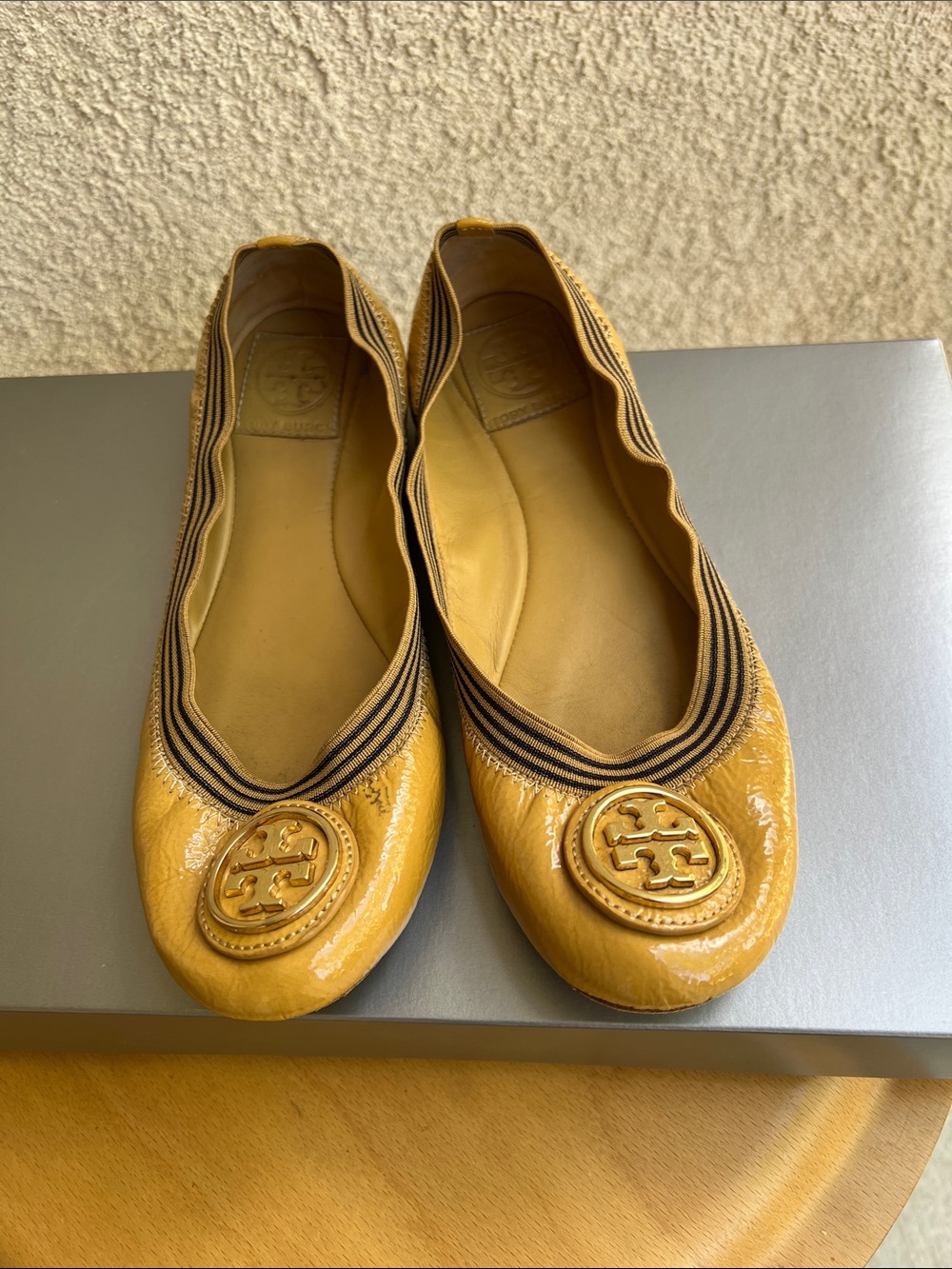 Tory Burch Mustard Patent Leather Logo Ballet Flats with elastic band